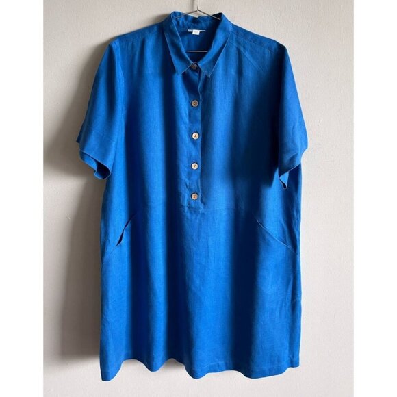 J Jill Womens Button Up Collared Short Sleeve 100% Linen Dress Blue Size M - Picture 2 of 9